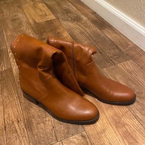 Studded brown faux leather knee high boots